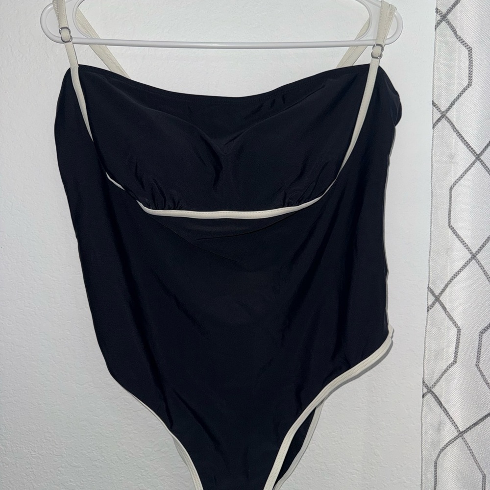 Black One-Piece Swimsuit with Cream Trim